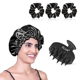 GLUN® Anti-Dandruff Round Scalp Massager with Elastic Closing Black Hair Bonnet Cap with 3 Satin Scrunchies Combo, Treatment Accessories for Hairs, Shampoo Brush Super Soft Bristles