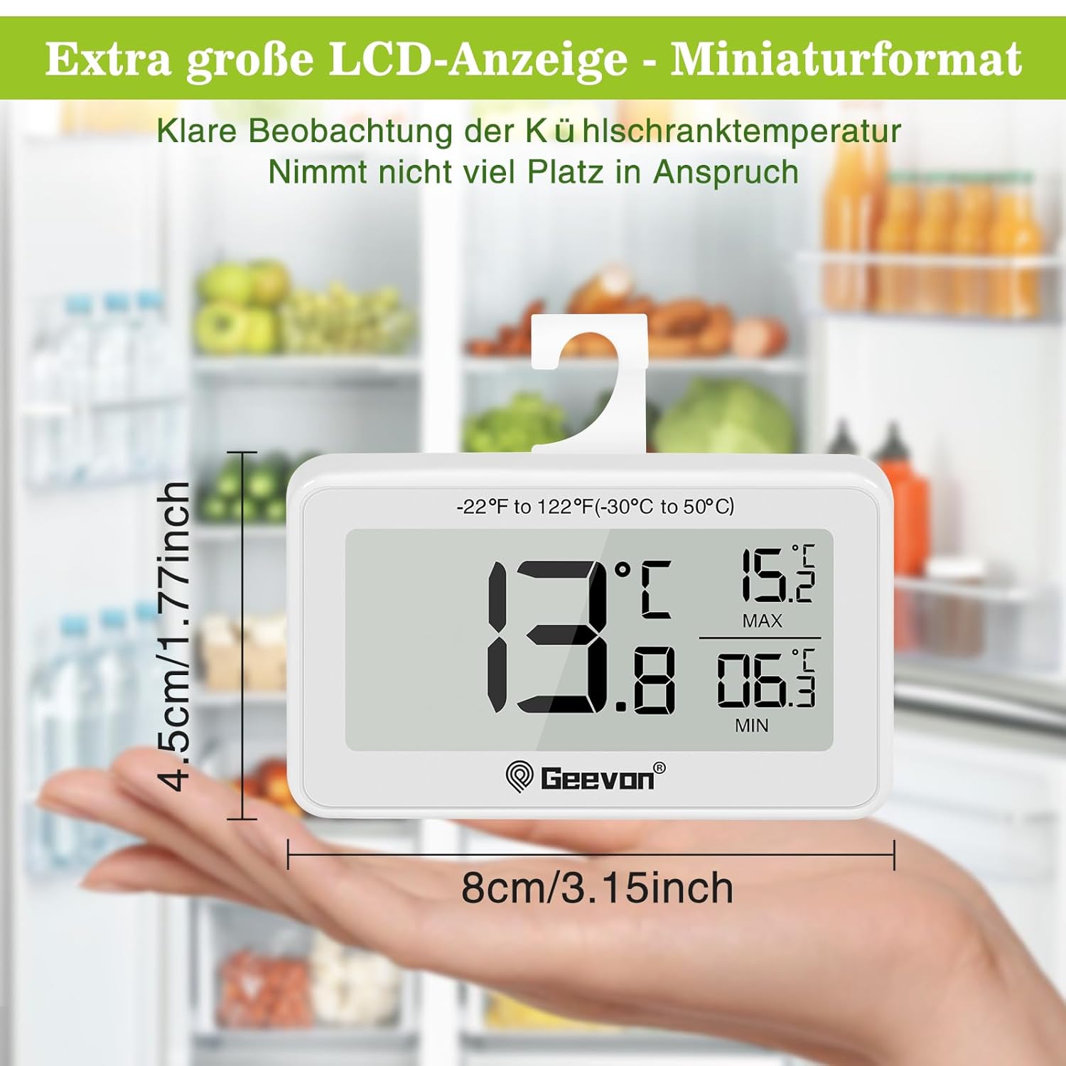 Geevon Digital Refrigerator Thermometer dimensions shown in hand, measuring 8cm (3.15 inches) in width and 4.5cm (1.77 inches) in height.