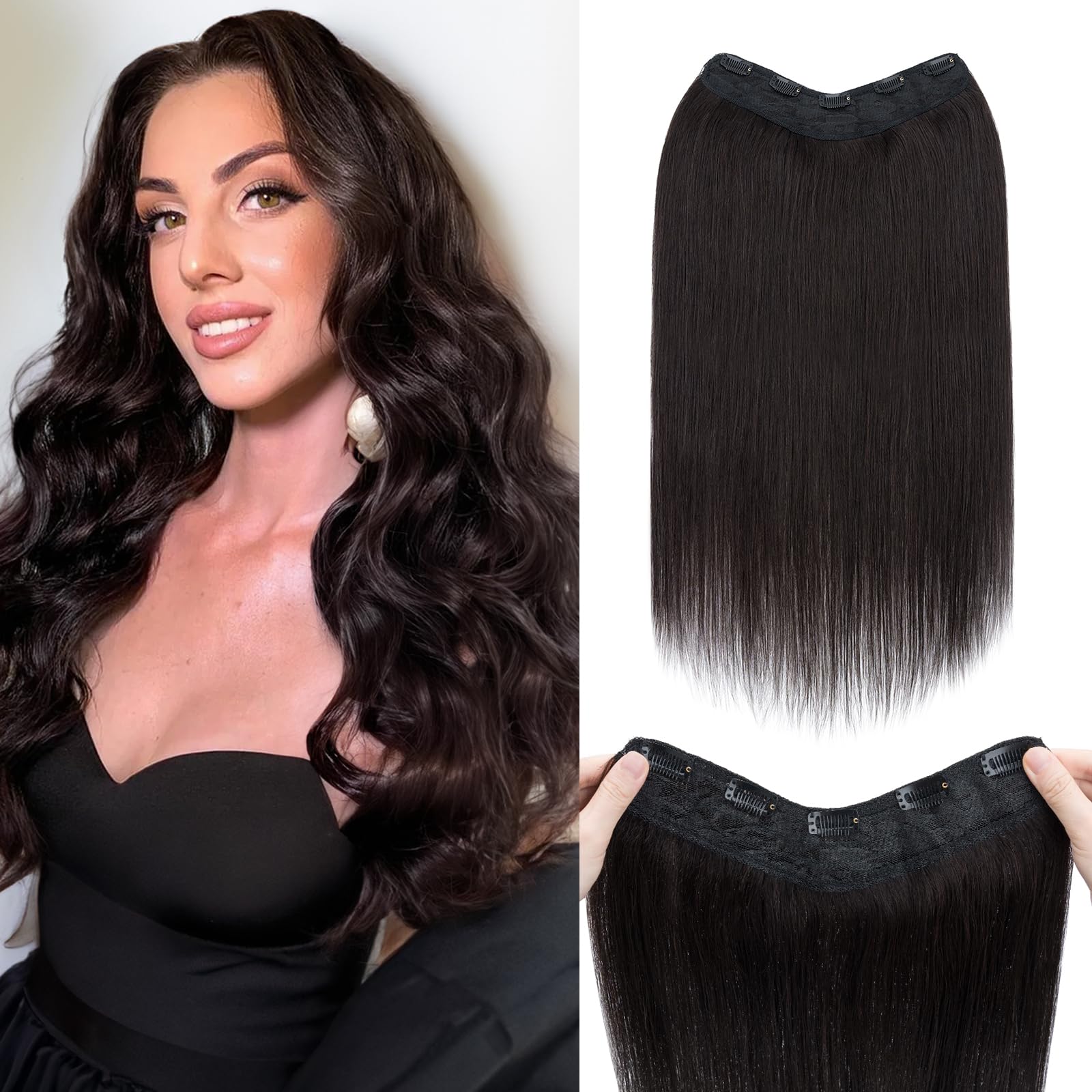 Benehair One Piece Clip in Hair Extensions Real Human Hair 3/4 Full Head V Shaped Weft Thicker Hair Lace Net One Piece Hair Extensions with 5 Clips (