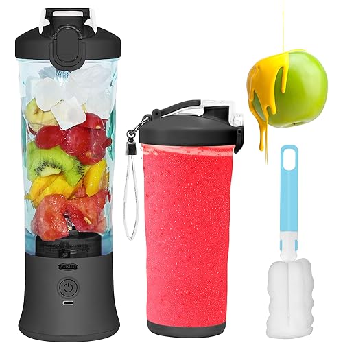 Portable Blender for Shakes and Smoothies 20 Oz, Waterproof Personal Blender USB Rechargeable with 6 Blades and Travel Lid for Kitchen, Office, Gym & Travel (Carbon Black)