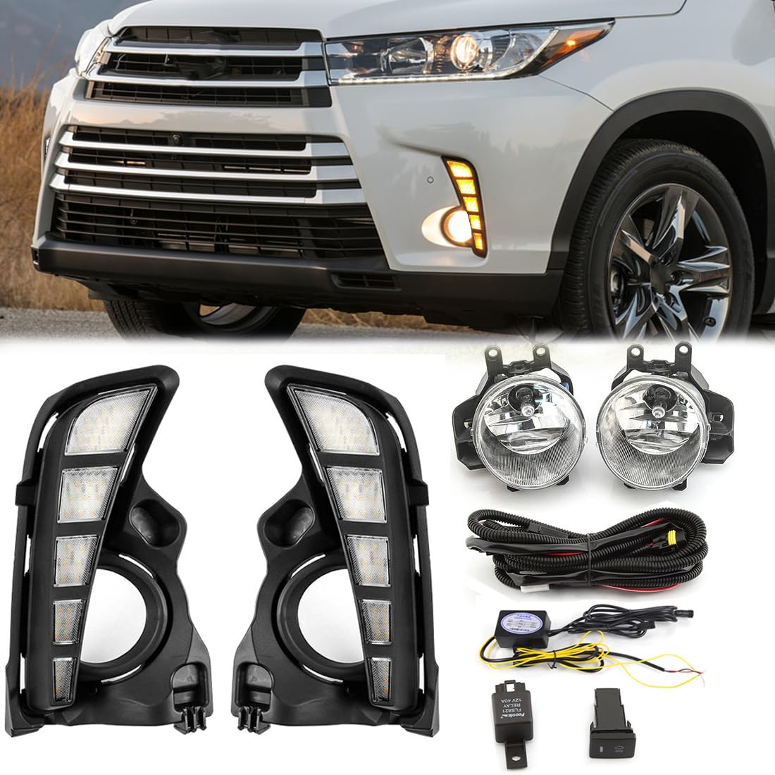 AFOGGEST Daytime Running Light For Toyota Highlander 2017 2018 2019 Fog Light Kit with Halogen Lamp Bulb LED DRL with Wiring Harness