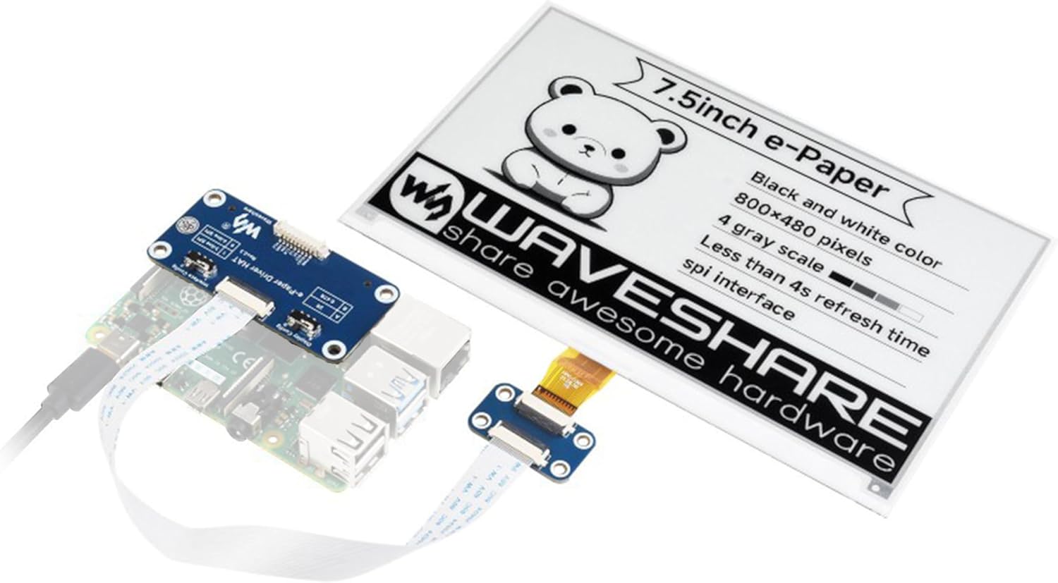 7.5inch e-Paper HAT Compatible with Raspberry Pi 5/4B/3B+/Zero/Zero W/Zero 2W/Pico/Pico W/Pico 2/Pico 2W/Jetson Nano, 800×480 Resolution SPI Interface, 7.5inch E-Ink Display HAT Black White Two-Color