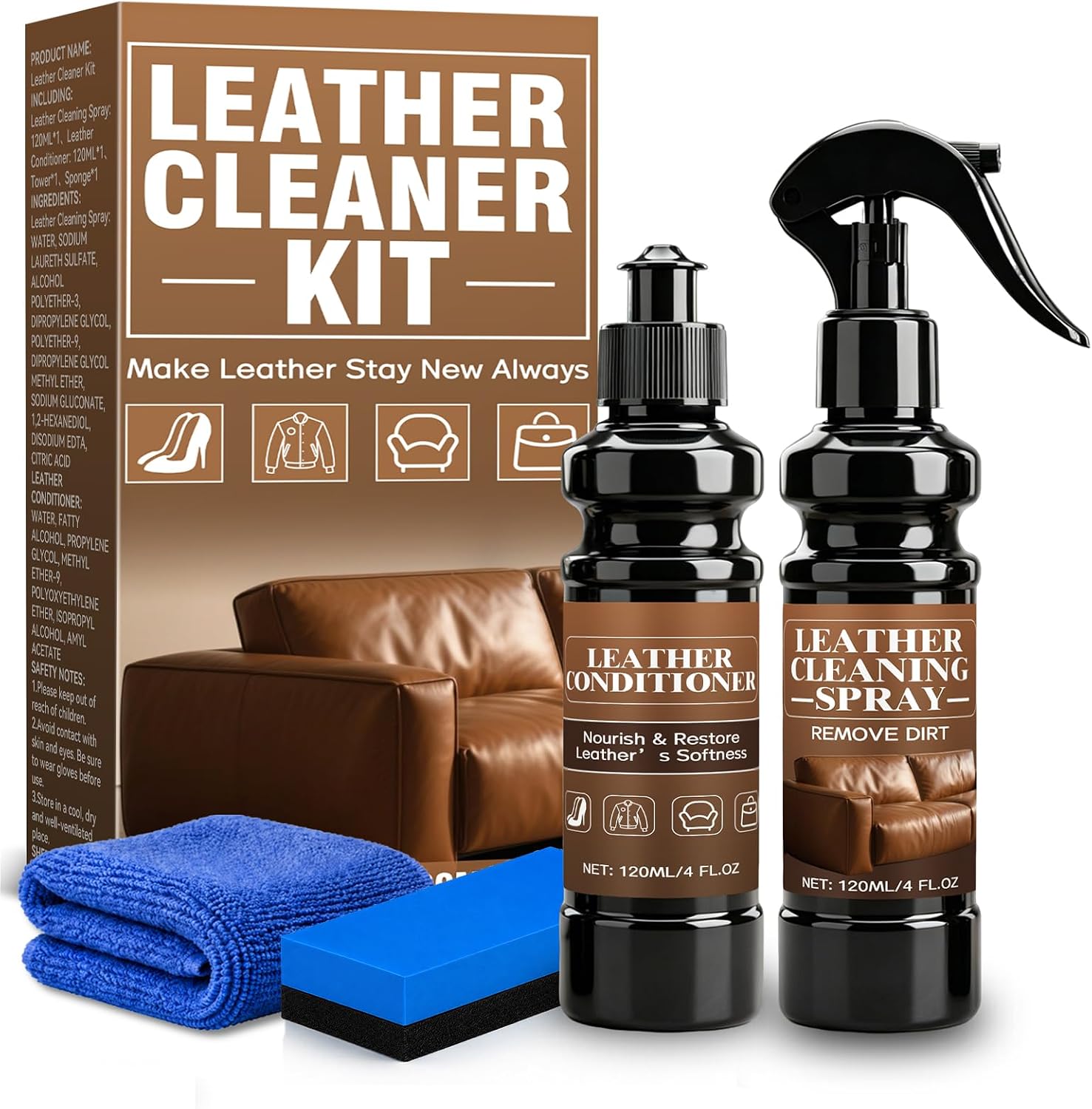 Leather Cleaner and Conditioner Kit, Complete Leather Conditioner Kit with Cleaner, Conditioner, Microfiber Cloth & Sponge, Leather Cleaner for Purses, Furniture, Car Seats, Shoes & Bags