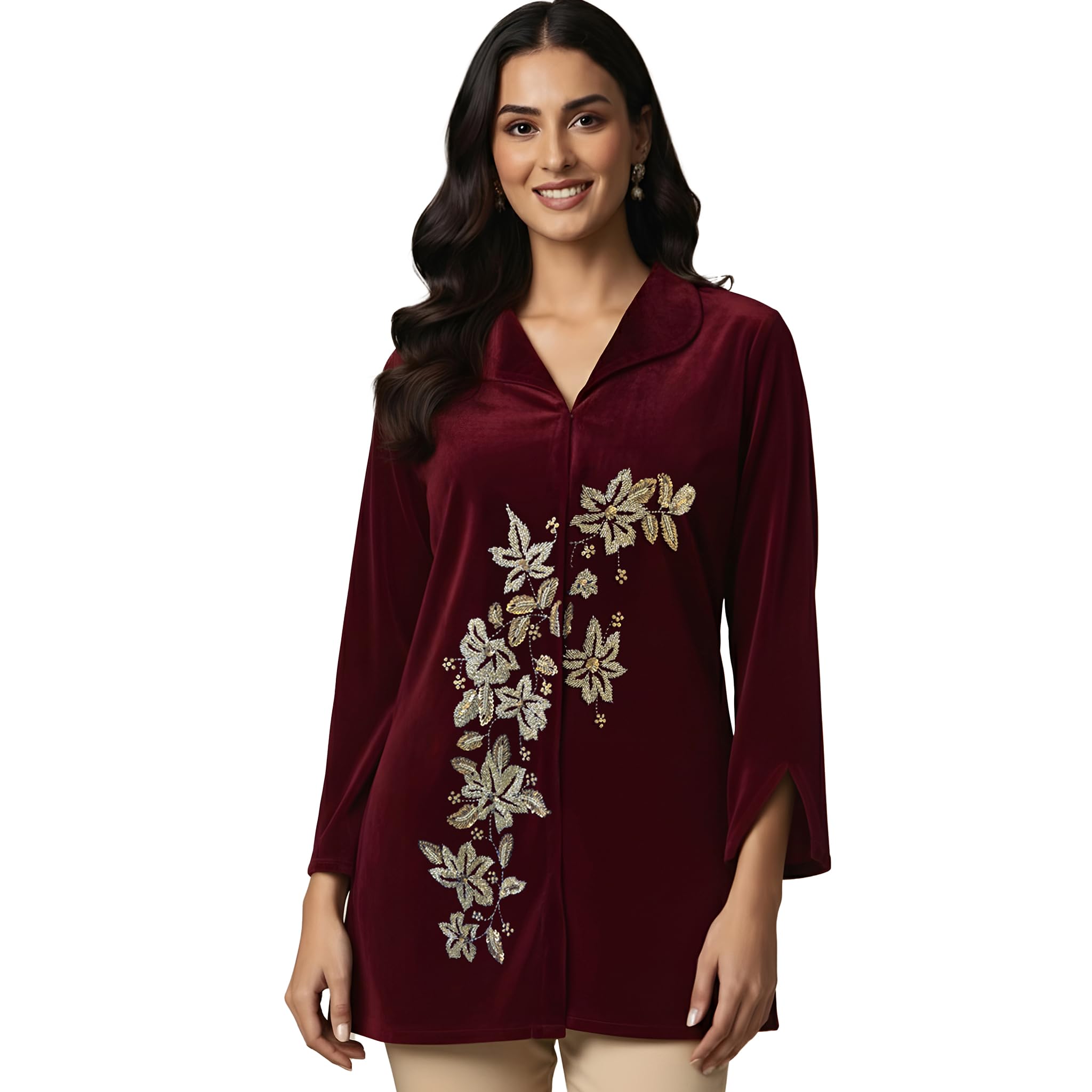 first resort Maroon Front Floral Hand Embroidered Velvet Jacket-picture-11