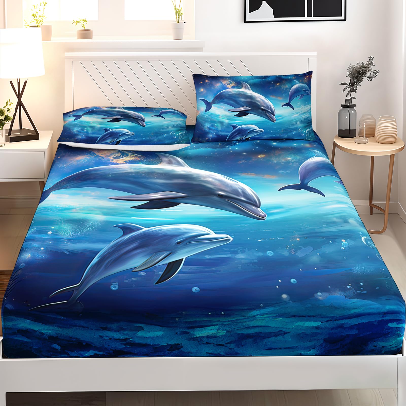 AILONEN Kawaii Dolphin Fitted Sheet Set Queen Size,Galaxy Dream Dolphin Bedding Set for Kids Boys Girls,3 Pieces Ocean Animal Bed Sheet Set for Bedroom Decor,1 Fitted Sheet and 2 Pillowcases