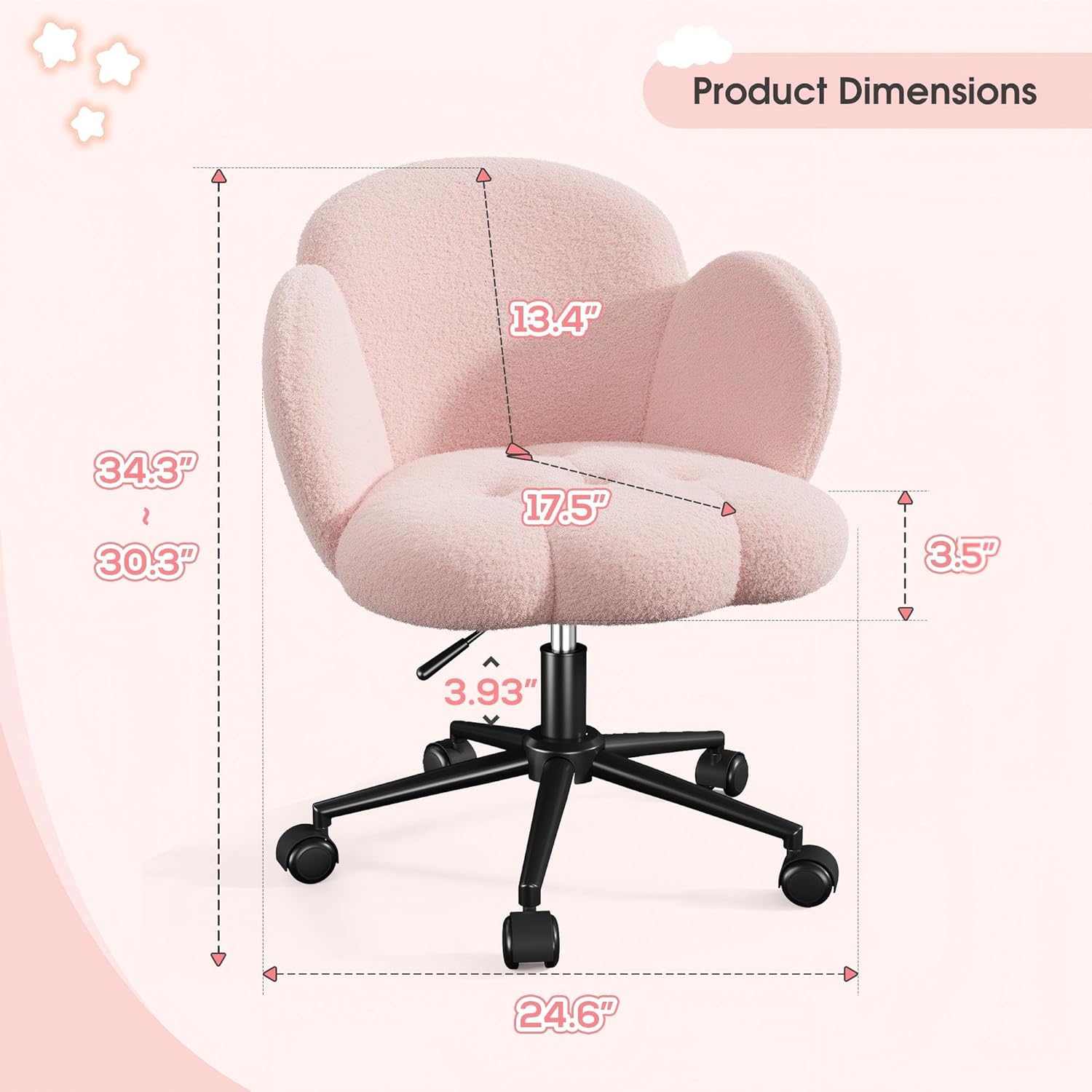 Homkdom Petal Vanity Chair with Wheels, 3.5" Thick Comfy Desk Chair with Back, Height Adjustable & 360°Swivel, Aesthetic Computer Task Chair for Bedroom, Living Room, Pink