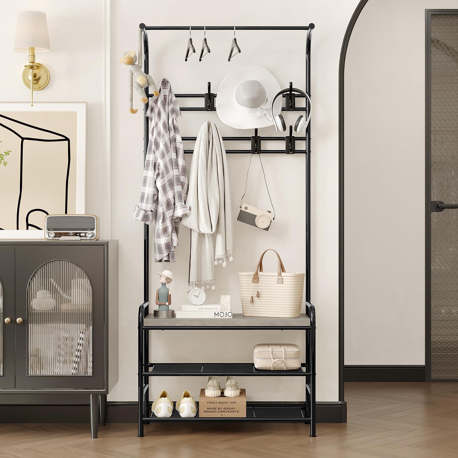 GarveeMore Industrial Hall Tree with Shoe Bench, 3-in-1 Coat Rack Organiser