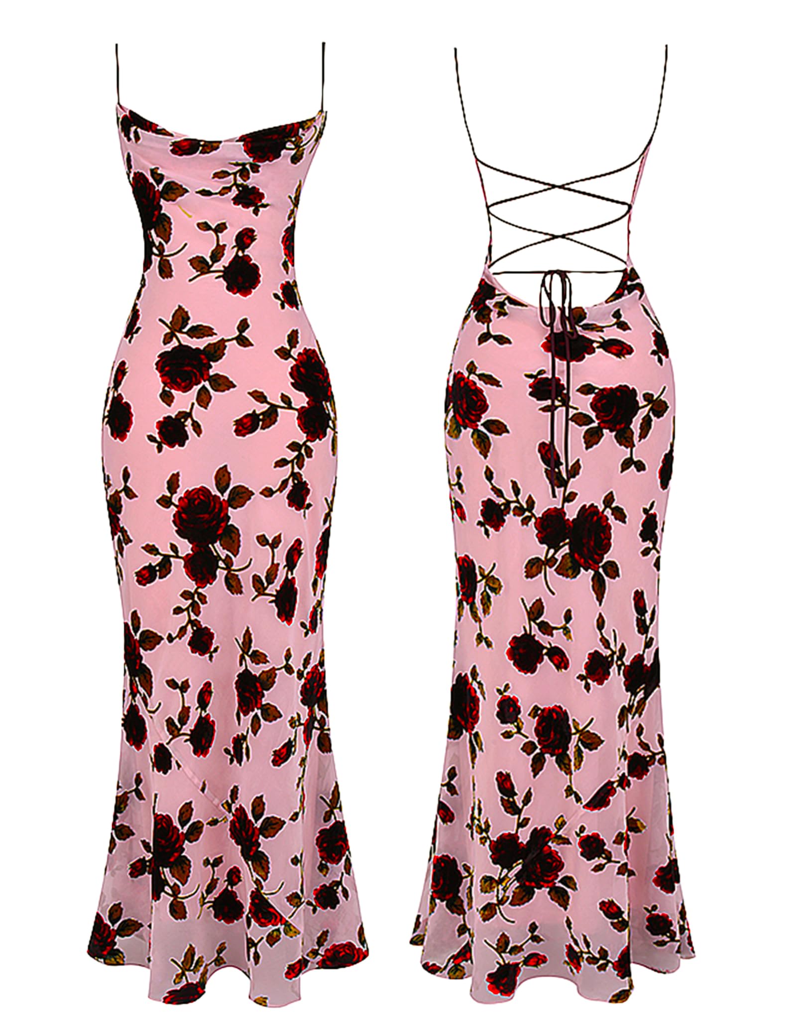 Women Sexy Backless Satin Maxi Dresses Spaghetti Strap Floral Print Dresses Slim Fit Elegant Long Dresses Night Party Outfits