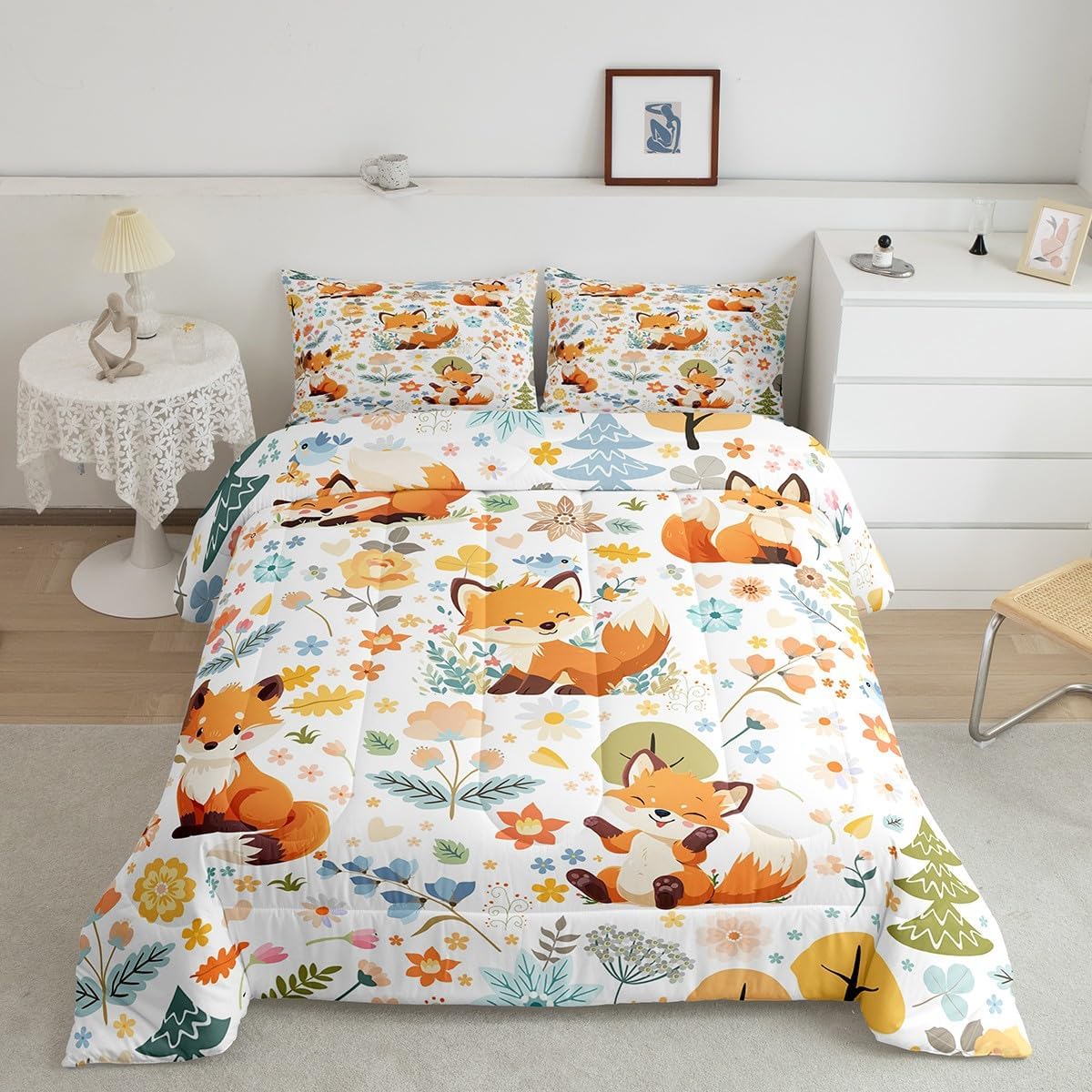 Feelyou Boys Girls Fox Comforter Set King Size, Cute Cartoon Fox Bedding Set Kids Wild Animal Comforter Floral Teens Duvet Set Bedroom Decor Microfiber Bed Set