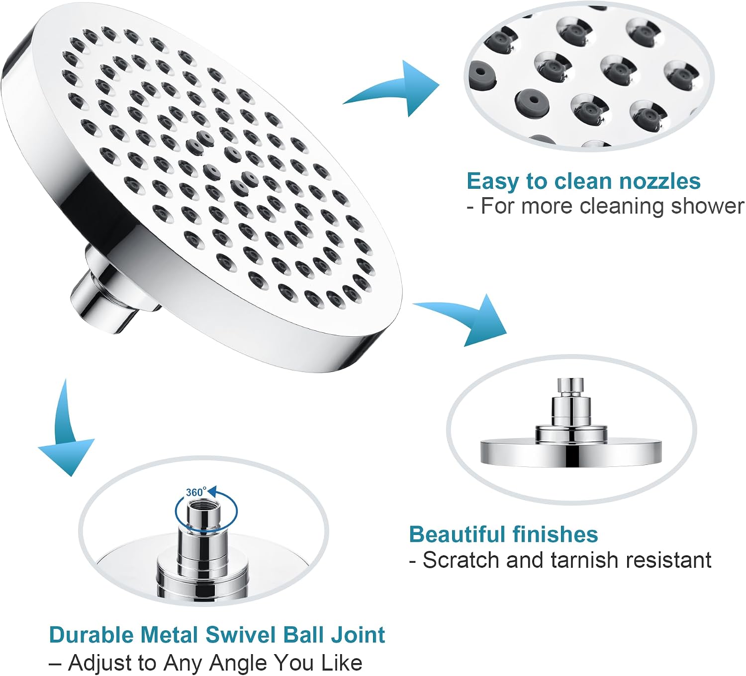 BRIGHT SHOWERS High Pressure Shower Head, 6 Inch Rain Shower Head, 2 Spray Settings Rainfall Shower Heads, Adjustable Angle Replacement Bathroom Showerhead, Easy Installation Polished Chrome