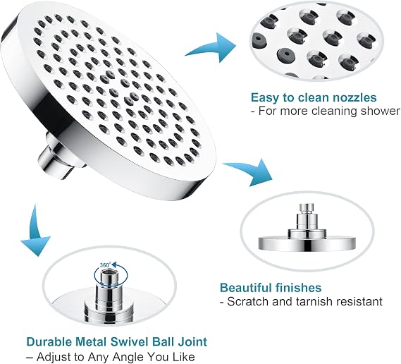 BRIGHT SHOWERS High Pressure Shower Head, 6 Inch Rain Shower Head, 2 Spray Settings Rainfall Shower Heads, Adjustable Angle Replacement Bathroom Showerhead, Easy Installation Polished Chrome