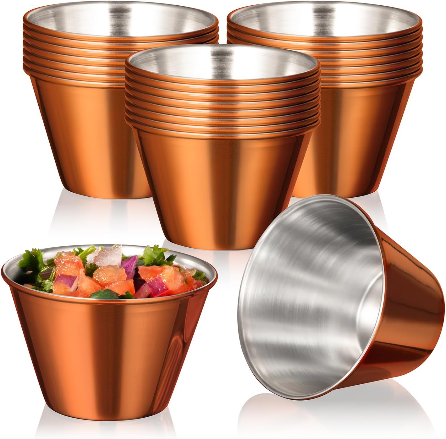 Fit Meal Prep [24 Pack 4 oz Stainless Steel Sauce Cups - Copper Plated Individual Round Condiments Ramekins, Commercial Grade Safe/Portion Dipping Sauce Kitchen Set