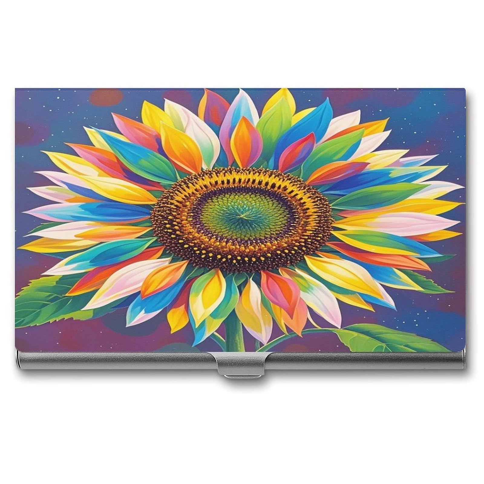FekiLoot Color Painting Sunflower Business Card Holder Aluminum Alloy Business Card Case Convenient to Carry Business Card Dispenser for Men Women