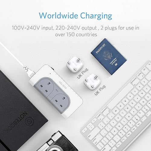Miniatura 3 de BESTEK Convertidor de voltaje de 200 W de 100 V a 240 V con 4 puertos USB de carga All World Contries to US Travel Charger (blanco)