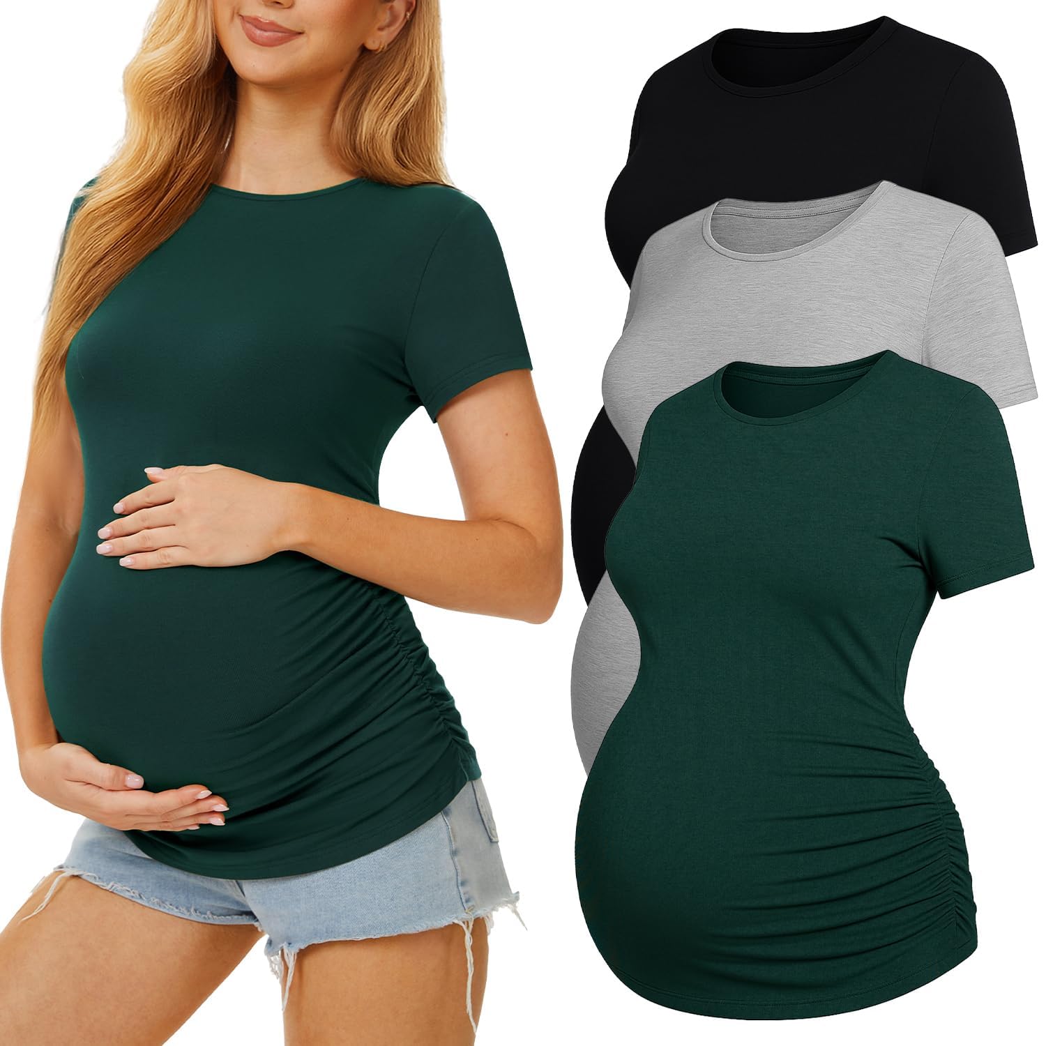 MIRAZEN 3-Pack Short Sleeve Maternity Shirts Dark Green