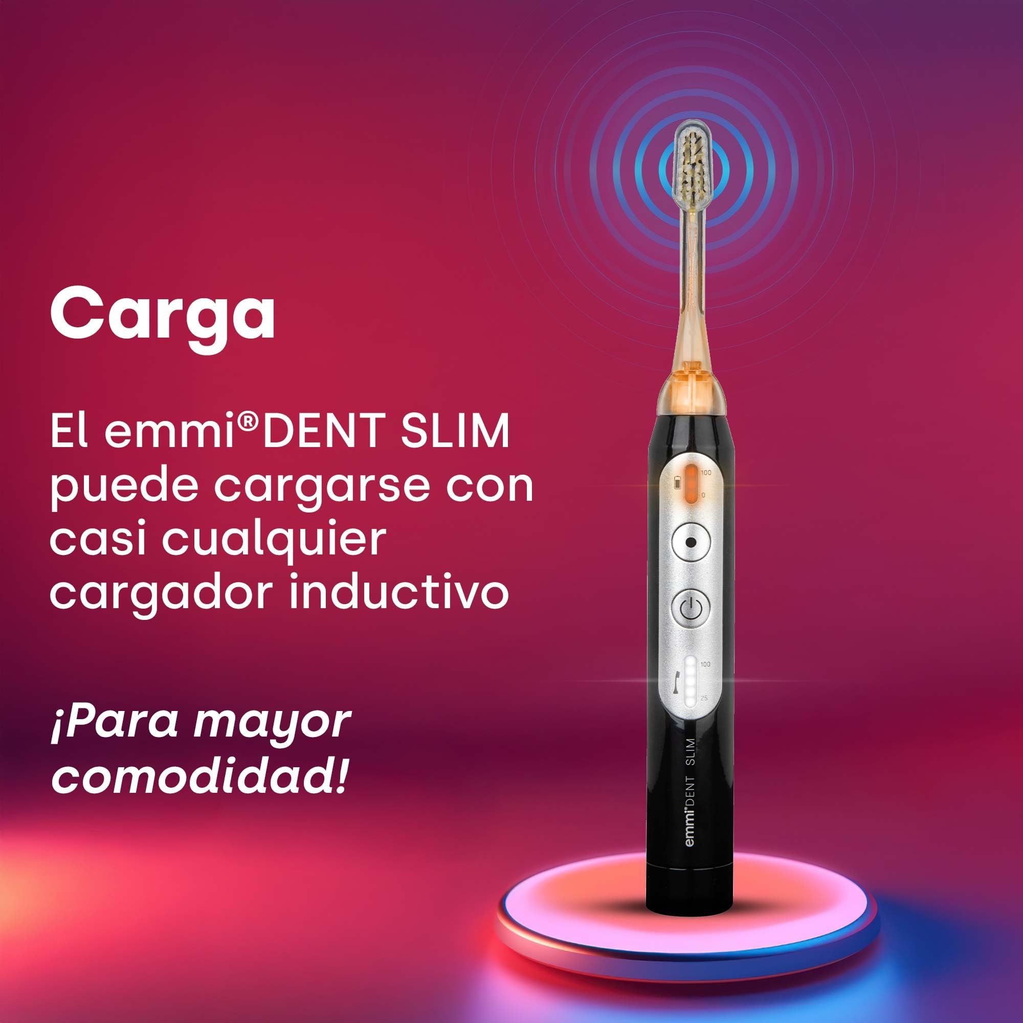 emmi-dent Cepillo de dientes ultrasónico fino, color blanco, hasta 96 millones de vibraciones/min, 3 modos de limpieza, batería de hasta 15 días, incluye estación de carga Qi (USB-C), 2 cabezales y