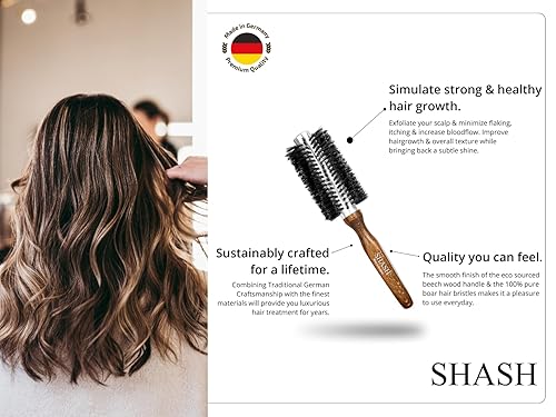 Miniatura 3 de Desde 1869 Hecho a mano en Alemania Serie Profesional Cepillo Redondo de Cerdas de Jabalí  Añade volumen, ayuda a combatir el encrespamiento  Mango