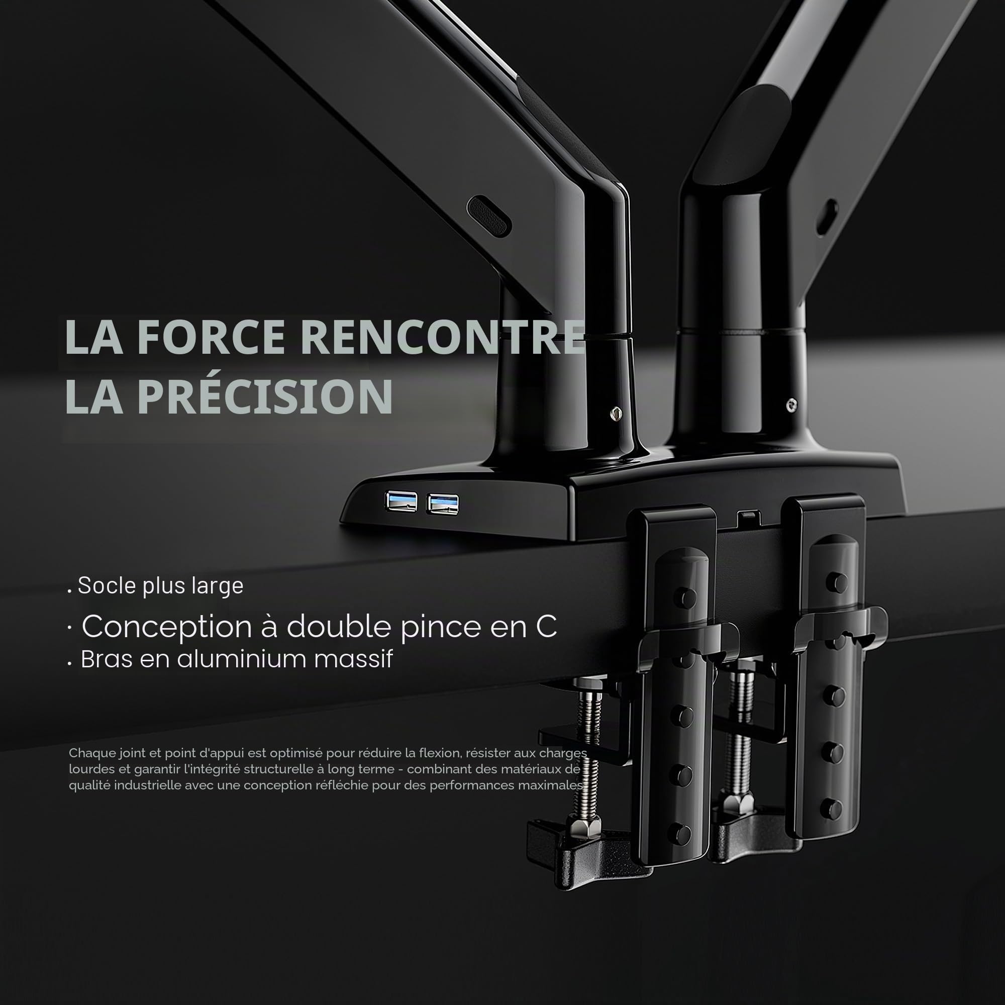 HUANUO Support 2 Ecran PC 13 à 40 Pouces, Bras Double Ecran PC avec USB, Réglable en Hauteur, Fixation VESA avec Base à Pince en C/œillet, Chaque Bras Supporte jusqu'à 12 kg, HNDS7