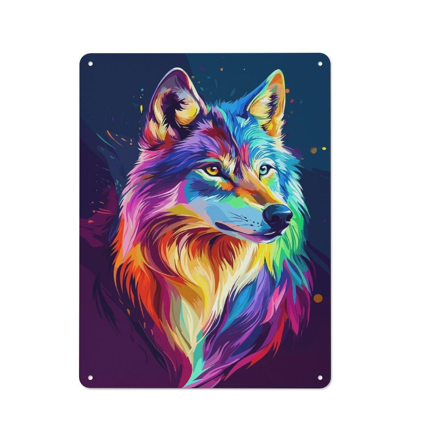 Junmoney Style-6 Colorful Wolf Portrait Printed Metal Sign 40X30cm For Garage Wall, For Collectors Of Vintage Metal Wall Decor