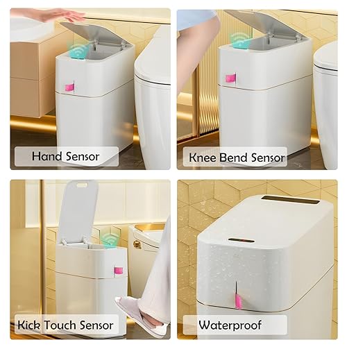 Miniatura 4 de Basurero de baño de 4 galones, impermeable, inteligente, con sensor de movimiento automático, con tapa, sensor de movimiento delgado, de plástico,