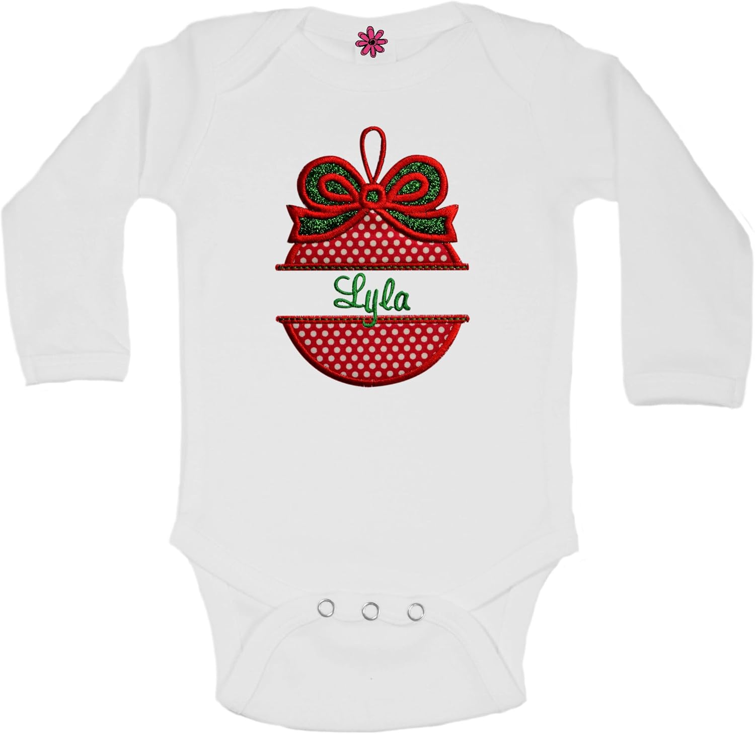 Funny Girl Designs Personalized Christmas Ornament Bodysuit with Embroidered Name for Baby Girls