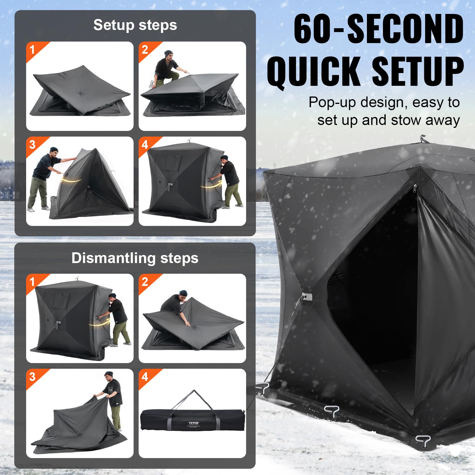 VEVOR Tente de pêche à glace portable pop-up pour 1 à 8 personnes, abri à glace isolé, grande zone de pêche, bidon de glace style hub pour la pêche d'hiver, cube de glace Oxford imperméable avec