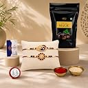 DeoDap Designer Rakhi Set of 2 for Brother – Leaf & Round Design with Choco Magic Chocolate 40gm, Pooja Coin, Roli Chawal & Card | Rakhi with Chocolate Combo for Raksha Bandhan gallery image