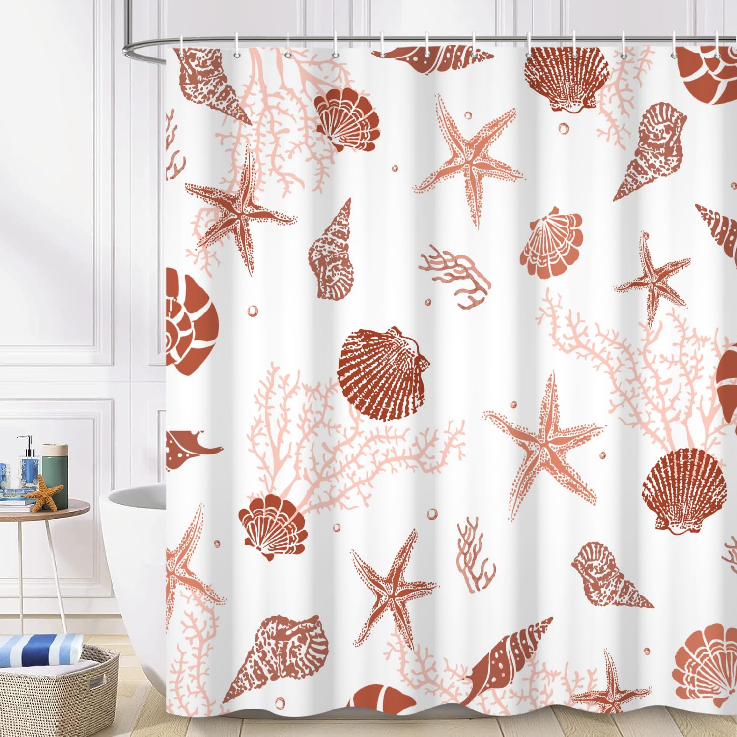 Rideau de douche coquillage et étoile de mer en textile pour douche d'été