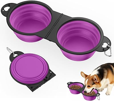 Pawaboo 2-in-1 Collapsible Dog Bowls, Dual Puppy Food and Water Bowls, 180 Flip Over Portable Silicone Dog Bowl with Metal Hook, 450ml Pet Travel Feeder Bowl for Walking Hiking Camping, Purple
