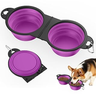 Pawaboo 2-in-1 Collapsible Dog Bowls, Dual Puppy Food and Water Bowls, 180° Flip Over Portable Silicone Dog Bowl with Metal Hook, 450ml Pet Travel Feeder Bowl for Walking Hiking Camping, Purple - Amazon product rated Grade A