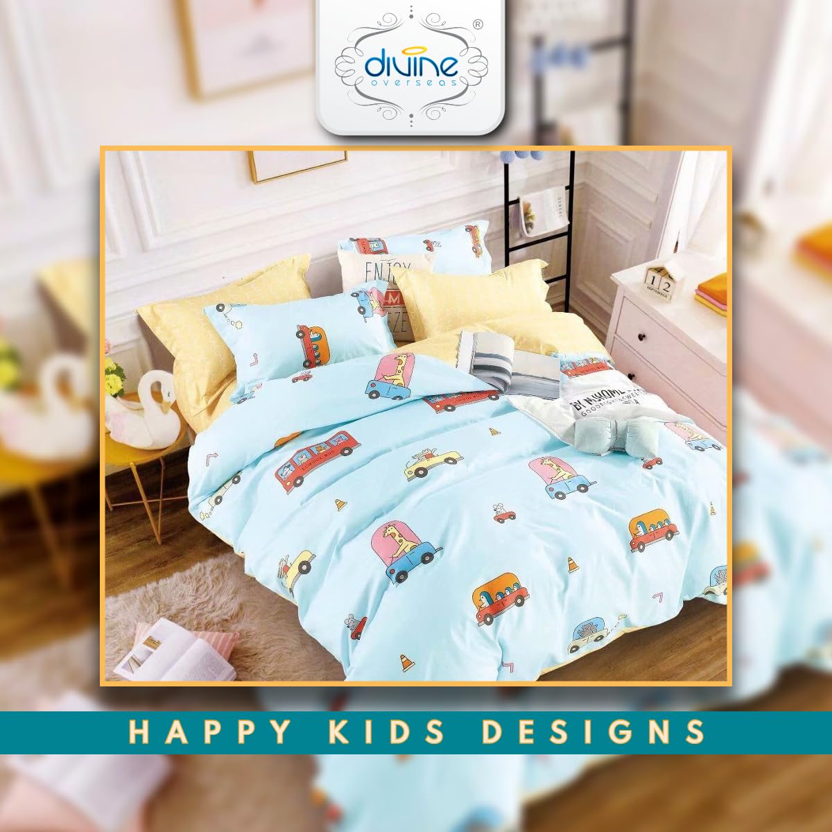 DIVINE OVERSEAS Premium Kids Bed Sheet Set Micro Fabric Cotton Feel Ultra Soft Double Bed Sheet 90 x 100 Inches with 2 Pillow Covers Light Blue Car Design Durable No Pilling No Shrinking Kids Bedding