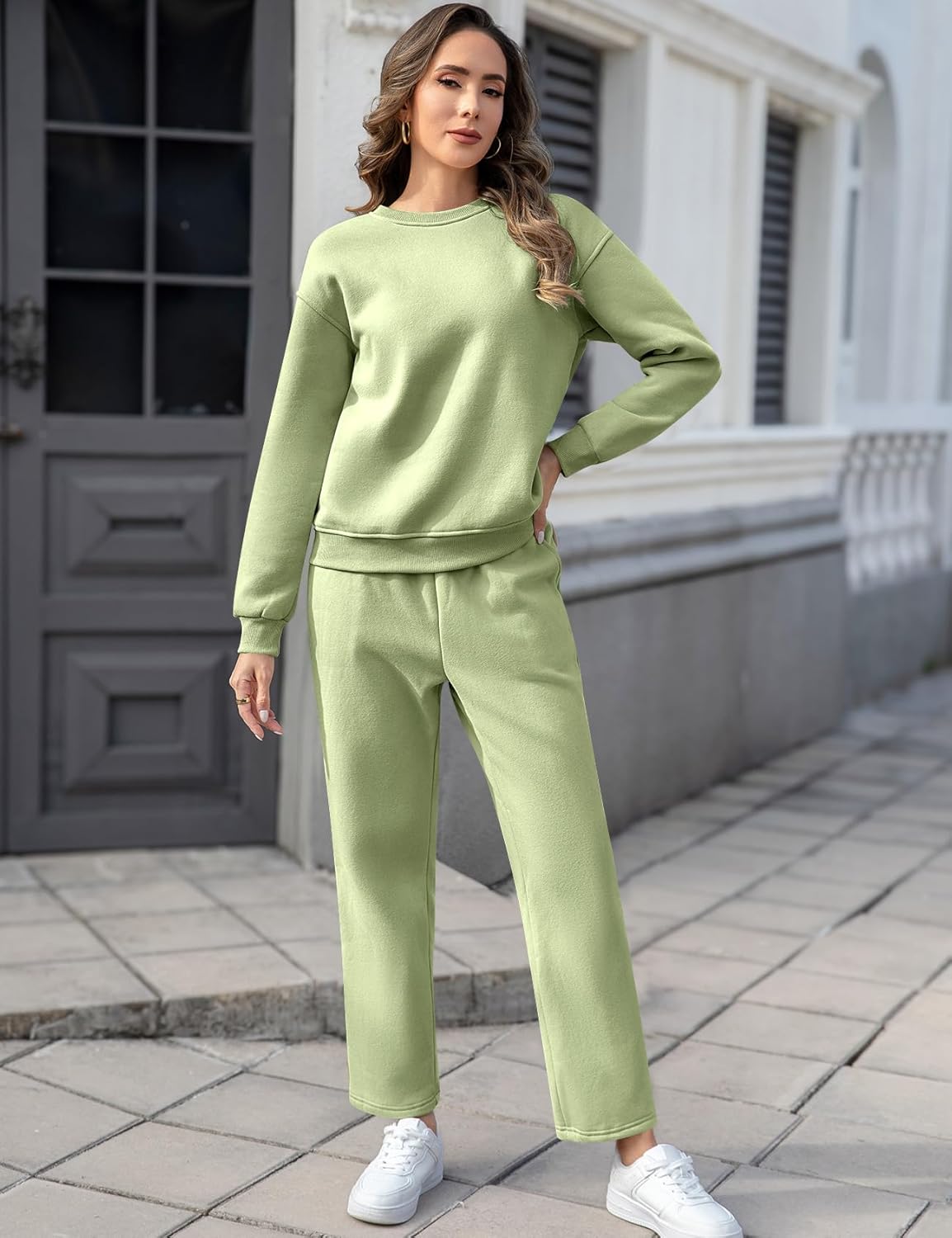 COZYPOIN Womens Fleece 2 Piece Outfits Sweatsuit Crewneck Pullover Sweatshirt Wide Leg Joggers Pants Tracksuit Lounge Set