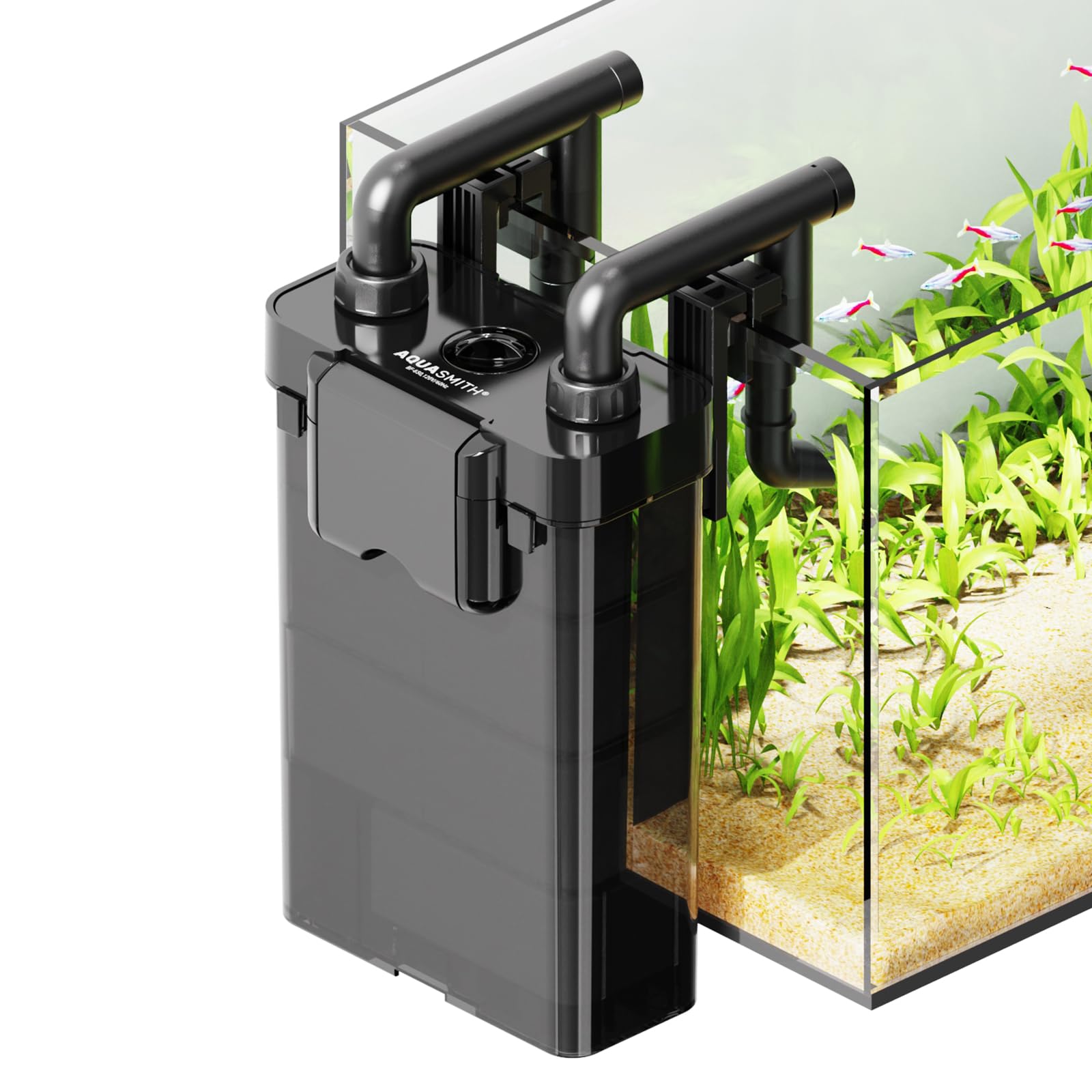 AQUASMITH Hang on Back Aquarium Filter,Ultra-Quiet Small Canister Filter,4-Stage Filtration,Bottom Anti-Dry Burn Motor,Extra-Large Filter Media Basket Suitable