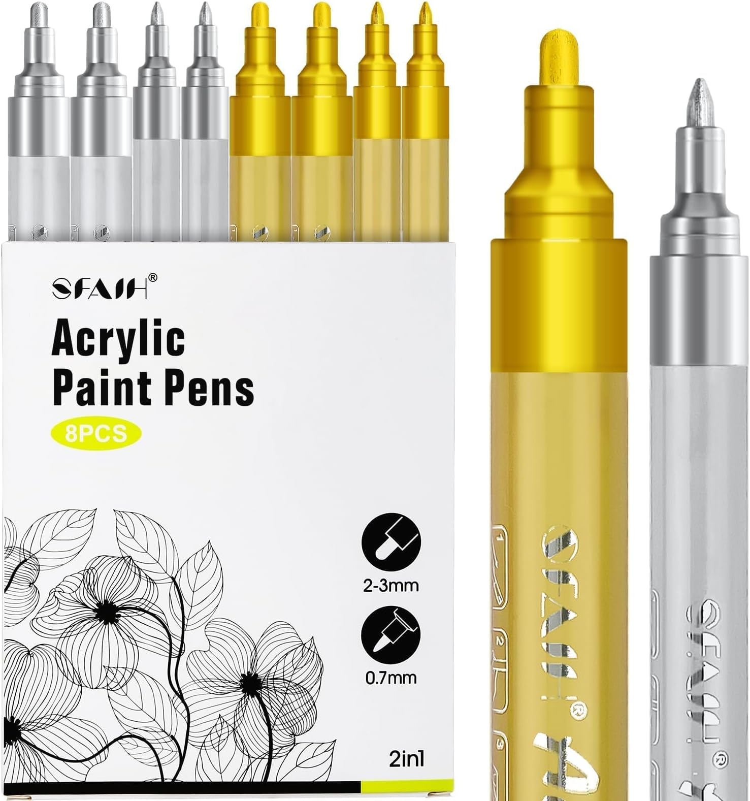 Gold & Silver Acrylic Paint Markers - 8 Pack 2-3MM Medium Tip & 0.7MM Extra Fine Paint Pens for Rock Painting, Wood, Metal, Fabric, Plastic, Canvas, Glass, Ceramic, Diy Crafts