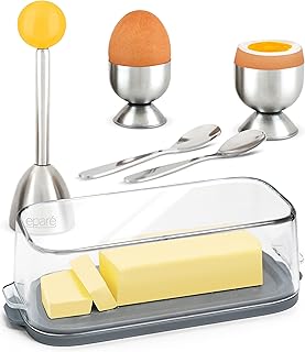 Eparé Bundle: Plastic Large Butter Dish With Lid For Countertop & Egg Cracker Topper Tool Set - Counter Dishes For Soft Butter Storage & Egg Cups For Soft Boiled Eggs Holder
