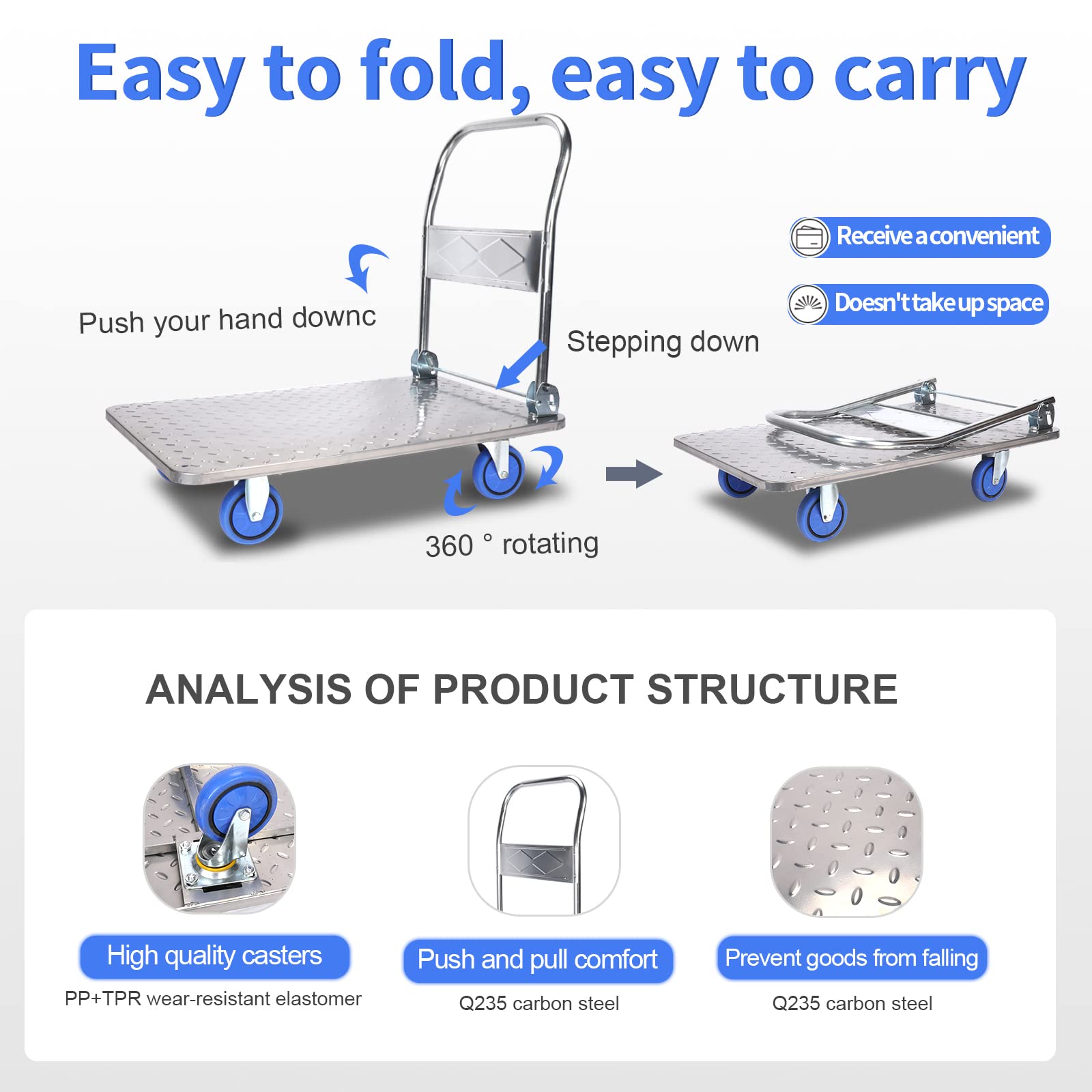 Klappbar Meister Plattformwagen, Faltbarer Plattform-Trolley, Sackkarre, 150 kg Tragkraft, 83 x 70 x 46 cm, für Lager (Silber-GB-S)