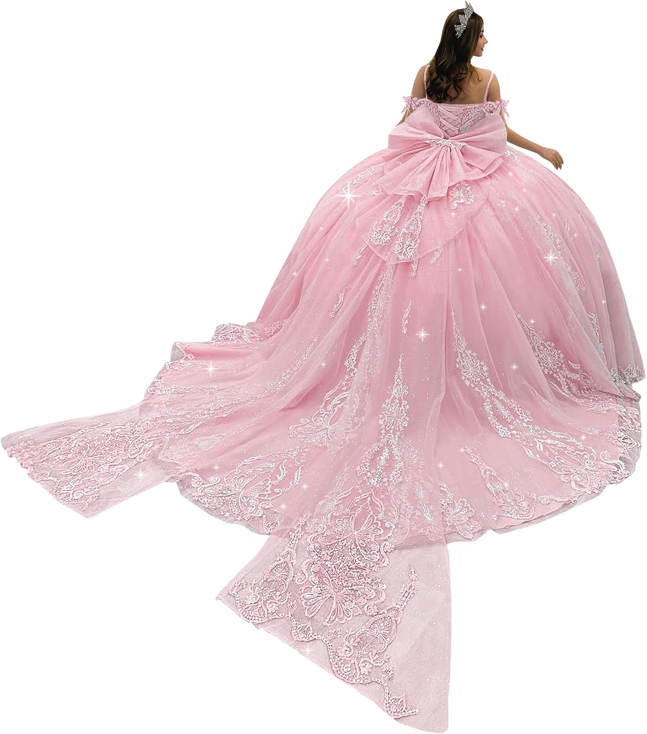 Youjiayi Gorgeous Lace Quinceanera Dresses Ball Gown with Bow Sparkly Beaded Sweet 16 Dress Spaghetti Strap Sequin XV Dress