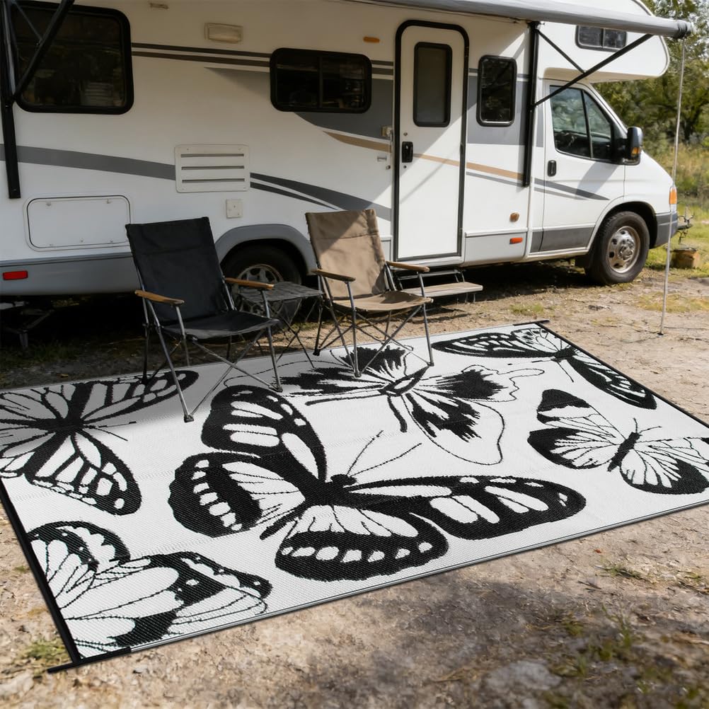Tapis d'extérieur pour balcon camping imperméable et lavable avec grand motif papillon moderne
