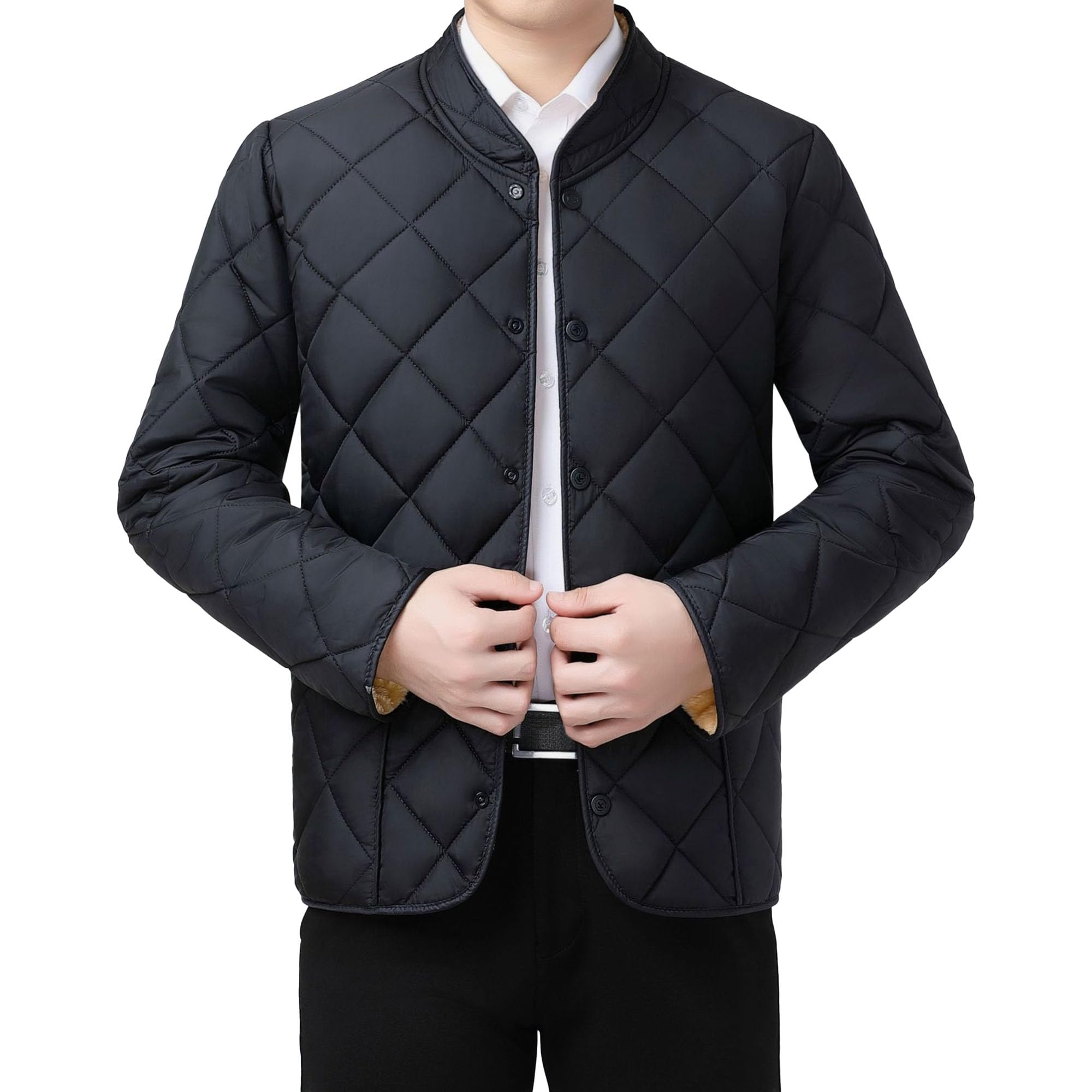 Mens Quilted Winter Plush Coat Warm Solid Color Bomber Collar Coats Thicken Padded Stand Collar Jacket