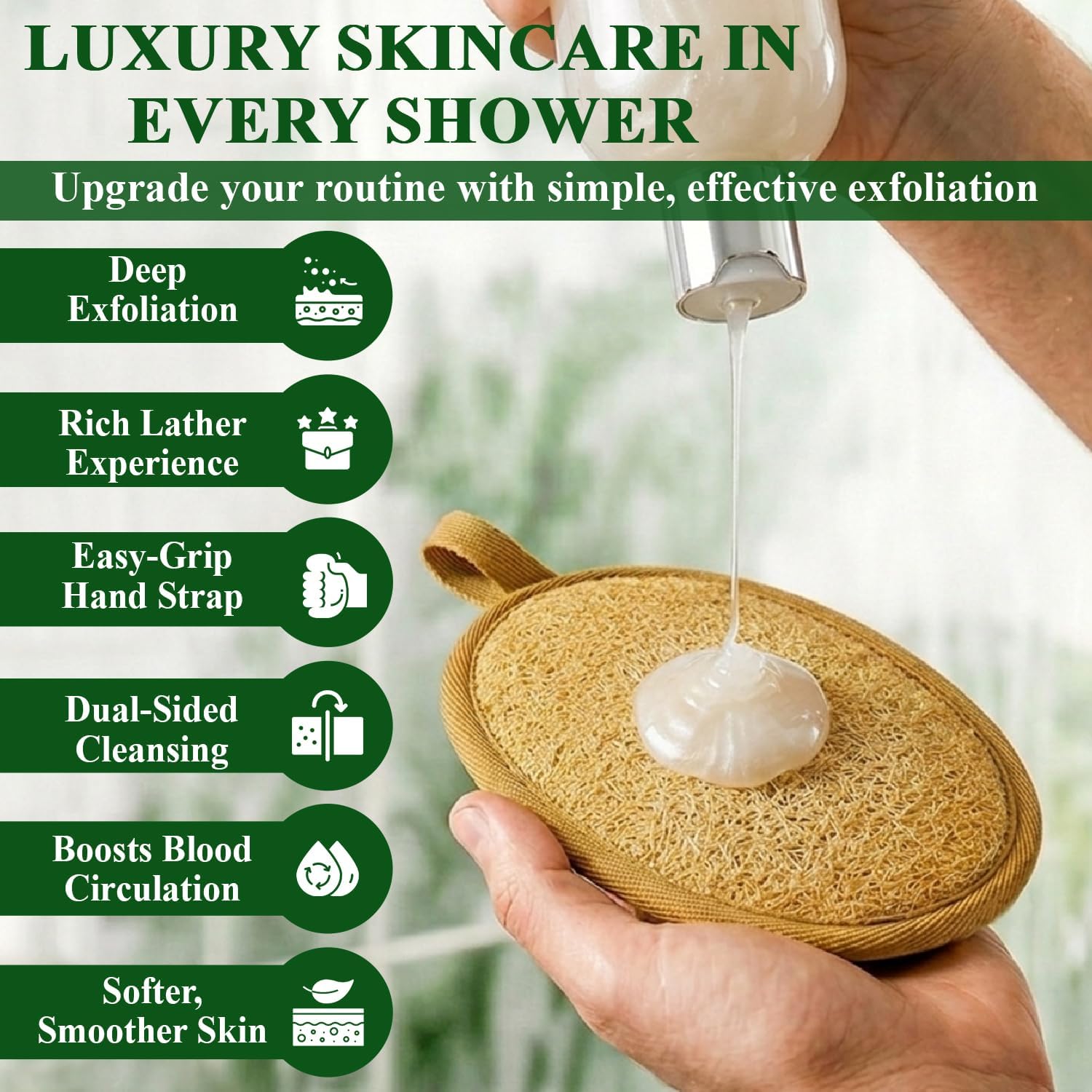 Natural Loofah Exfoliating Body Scrubber (Pack of 2) - Made from Egyptian Luffa, Gentle Bath Sponge for Men and Women - Deep Cleansing Soft Pad Dual-Sided w/Terry Cloth, Hand Strap for Shower & Spa