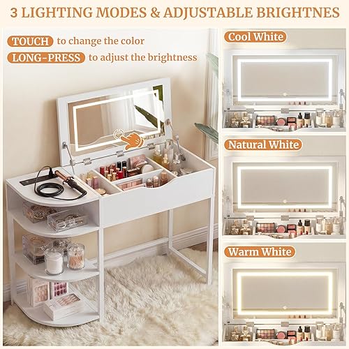 Miniatura 5 de Cyclysio - Escritorio de tocador con espejo abatible y luces, escritorio de tocador de maquillaje con cajones, mesa de vestir con estantes de