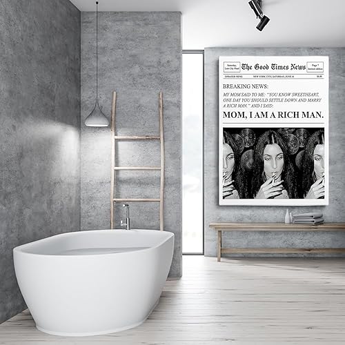 Miniatura 3 de Impresión de periódicos de moda en blanco y negro para mujer, mamá soy un hombre rico, póster de cita de Cher, carrito de bar retro, arte de pared