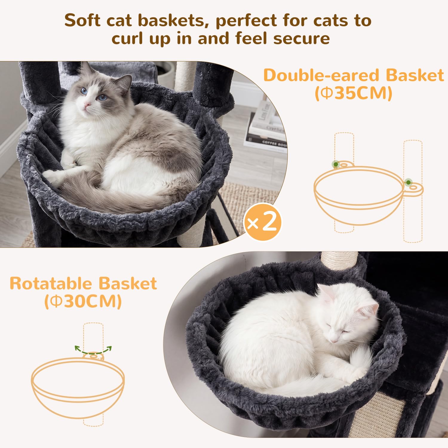 Globlazer Árbol Rascador XXL para 3-4 Grande Gatos 200 cm con 2 Inmenso Nidos, Plataformas 50*30*30CM, 3 Cesta, 2 Rascar Sisal, Estable Torre Gato para Vario Gatos Adultos Interior (F78, Gris Oscuro)