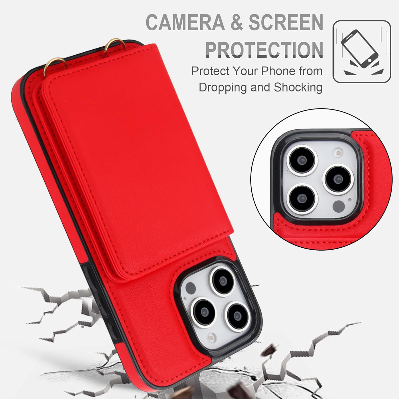 Portmonetka etui do iPhone 16 Pro Max / 16 Pro / 16 Plus/16, zapięcie magnetyczne, skórzane etui na telefon komórkowy z klapkami na karty, odporne na uderzenia, ultracienkie etui, czerwone, 16