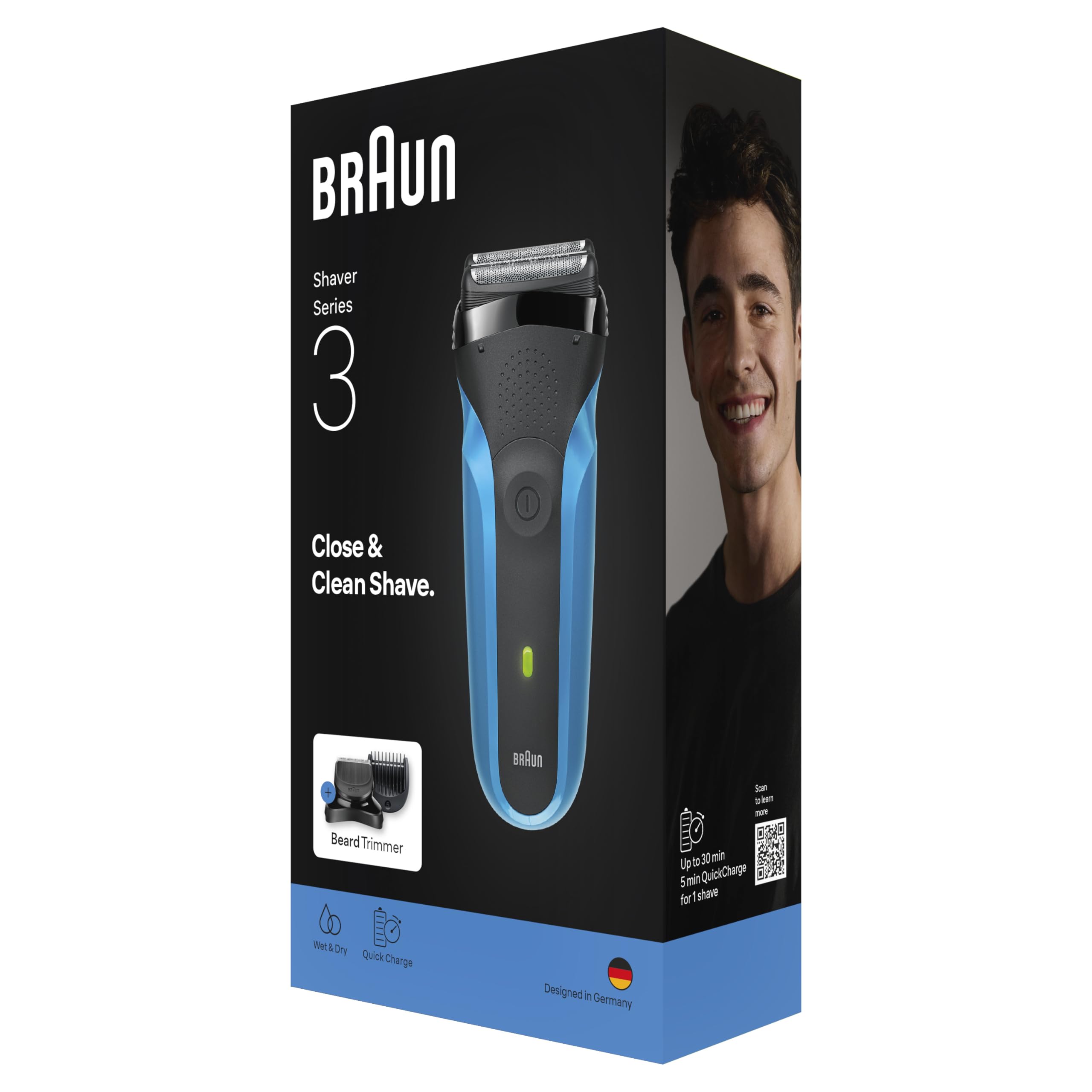 Braun Series 3 Afeitadora Eléctrica Hombre, 310BT, Azul - Máquina de Afeitar Barba en Seco Y en Mojado, Recargable, 2 Láminas, Cabezal de Recortadora de Barba, 30 Min de Autonomía, Carga Rápida