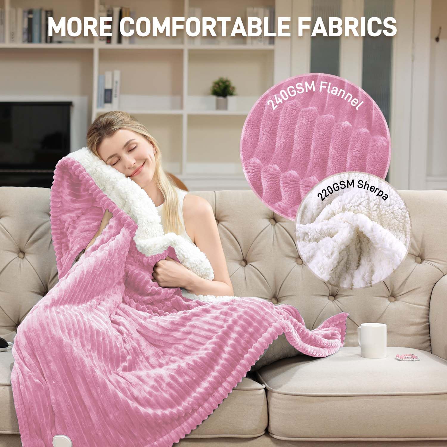 Heated Blanket Electric Throw - Soft Flannel Electric Blanket 50“ x 60", Heating Blanket with 10 Time Settings, 6 Heat Settings, Machine Washable with Over-Heat Protection (Pink) - Image 3