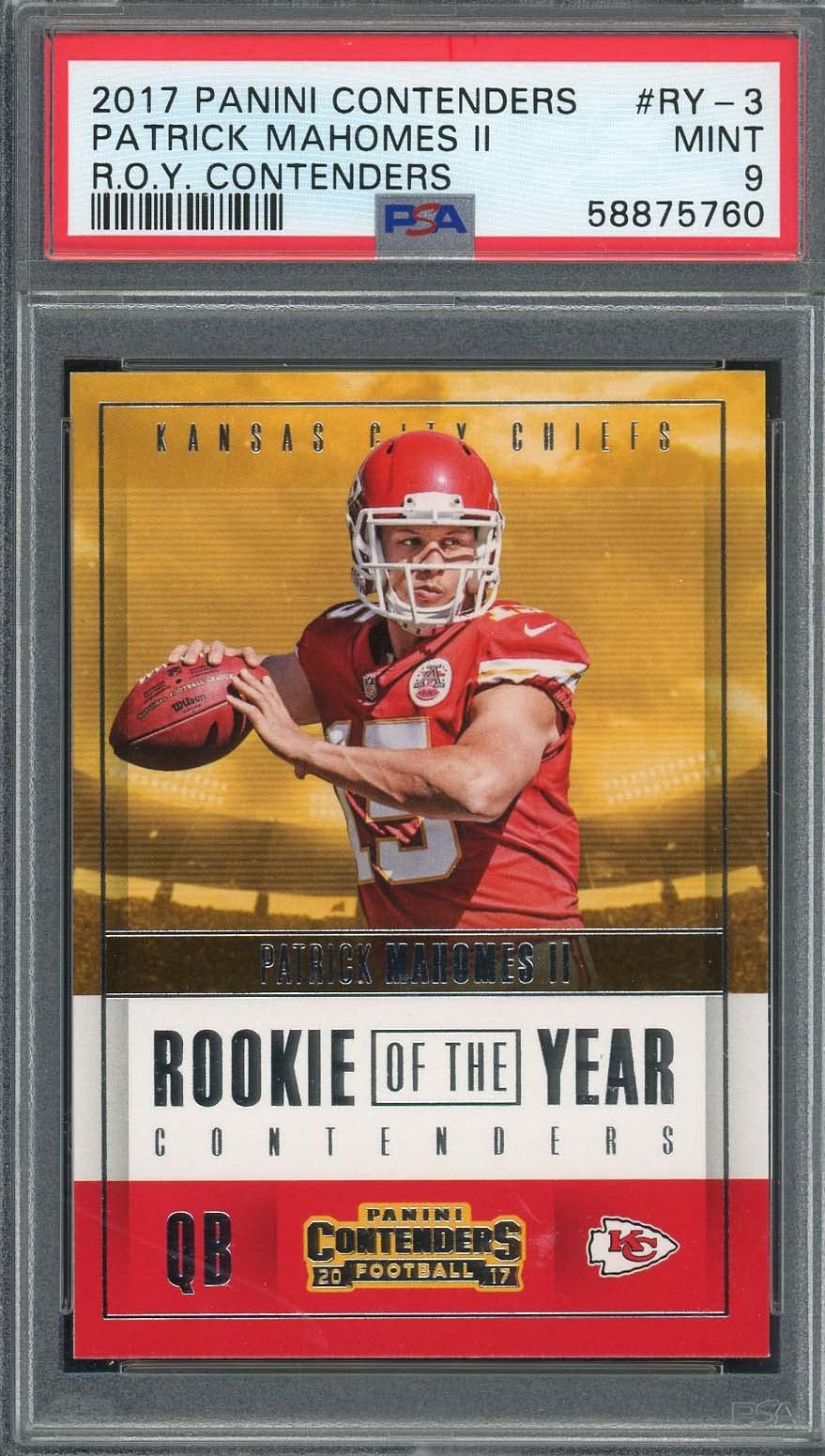 Amazon.com: Patrick Mahomes 2017 Contenders Football Rookie Card #RY-3,  Graded PSA 9 (Cert #58875760) : Collectibles & Fine Art