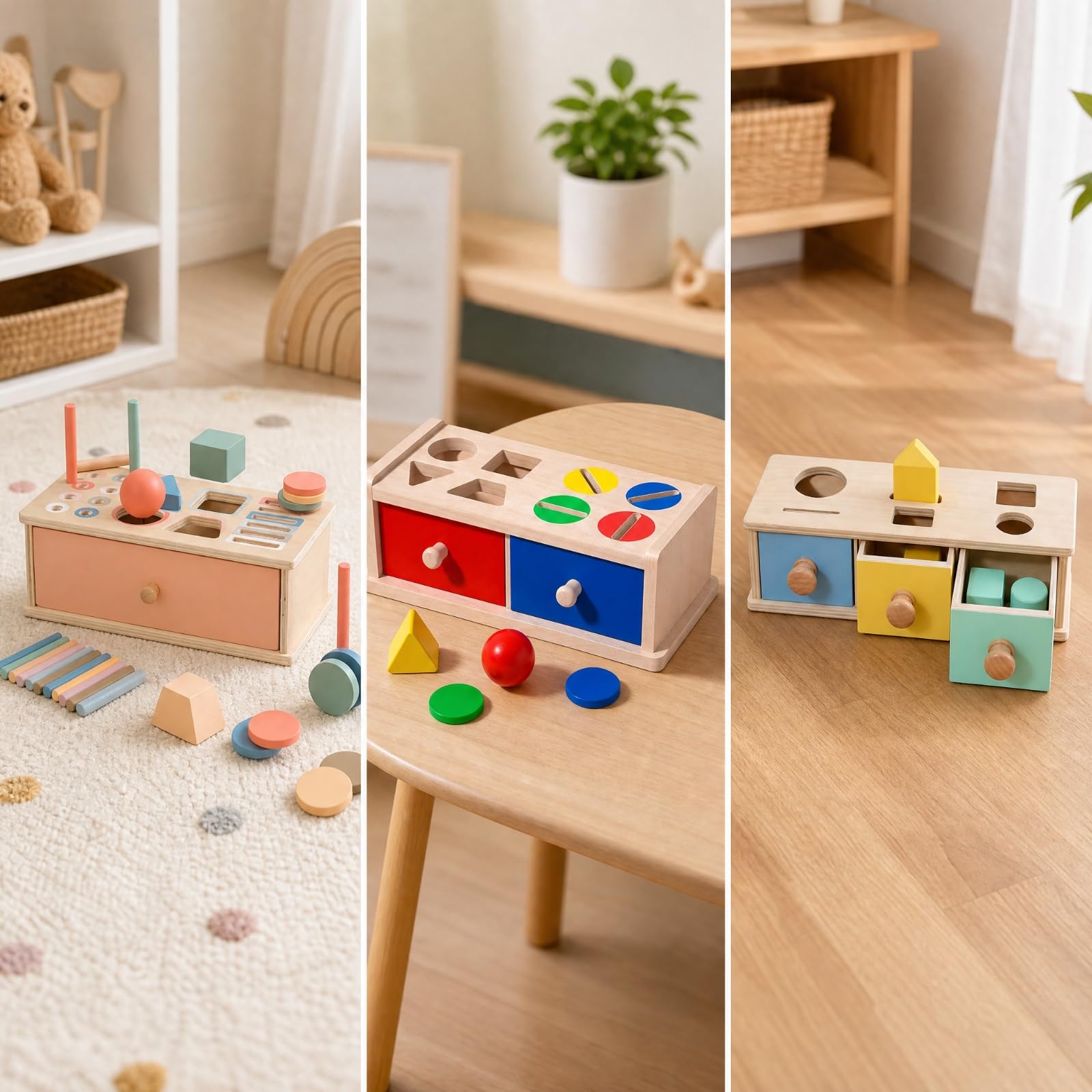 Harilla Scatola di Attività in Legno con Cassetto Colorato Scatola di Apprendimento con Sagomate Resistente Giocattolo Educativo per Bambini Piccoli, Stile B