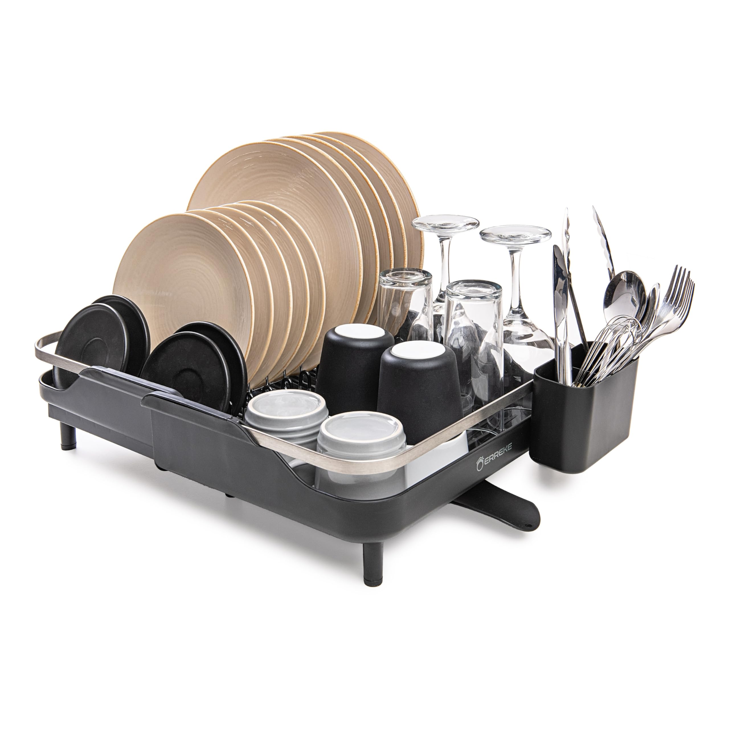 Erreke Escurreplatos Plegable, Escurridor de Platos, Drena al Fregadero, Rejilla de Acero Inoxidable, Escurre Platos Extensible Encimera Cocina Vasos Cubiertos 29 x 35 cm. (Negro)