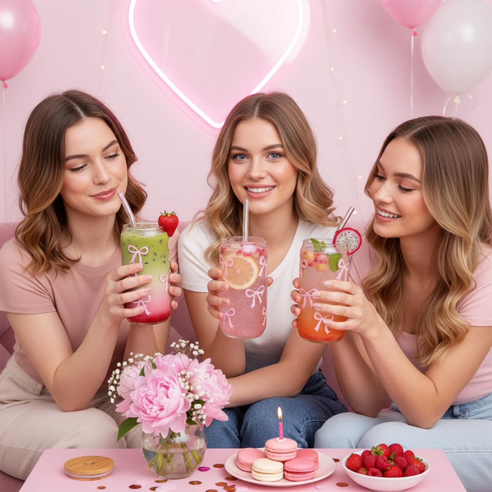 2 bicchieri con cannuccia e coperchio, bicchieri da 16 Oz Matcha, vetro a forma di lattina, bicchieri da tè a bolla con spazzola, bicchieri rosa Aesthetic per bevande, succhi di frutta, caffè